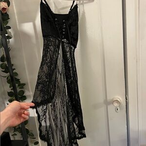 Witchy Goth ~ Black Lace Overlay, Open Front Camisole Corsete Style Dress